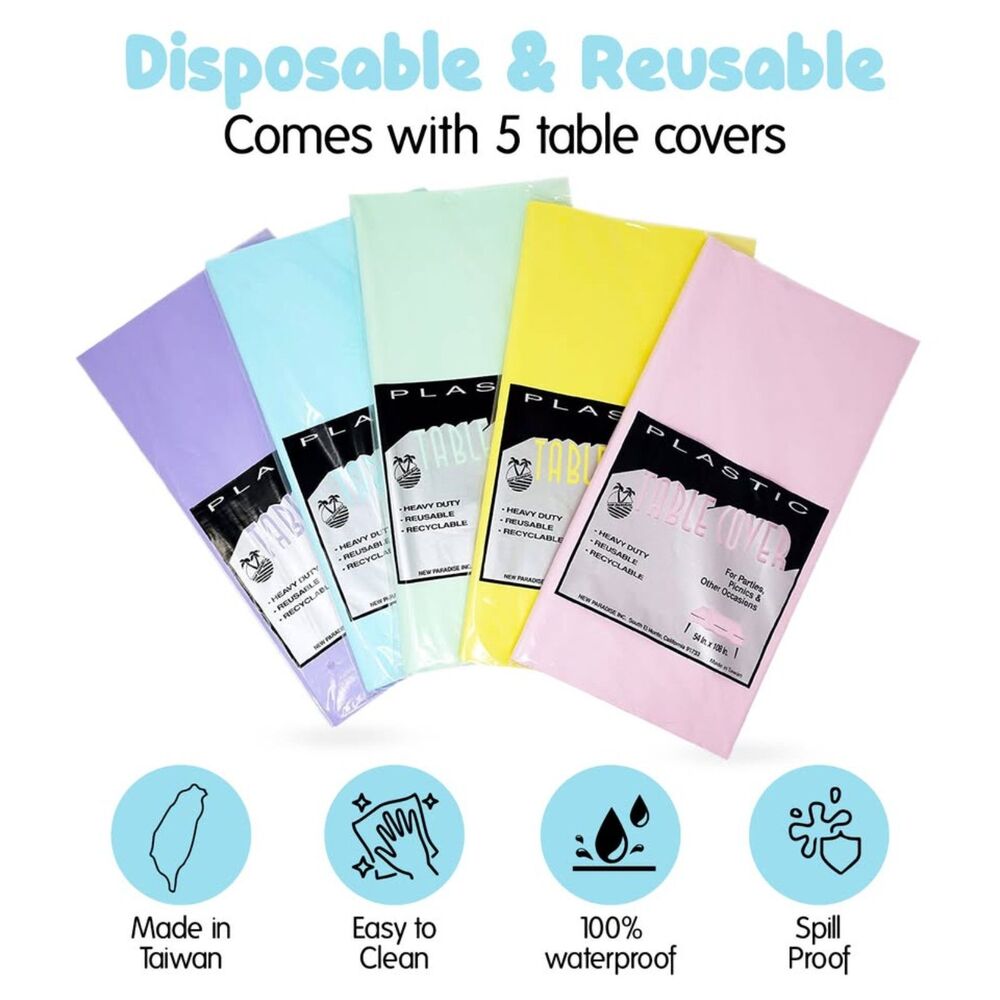 5 Plastic Disposable Reusable Table Covers, Rectangular 54"x108"Pastel Rainbow